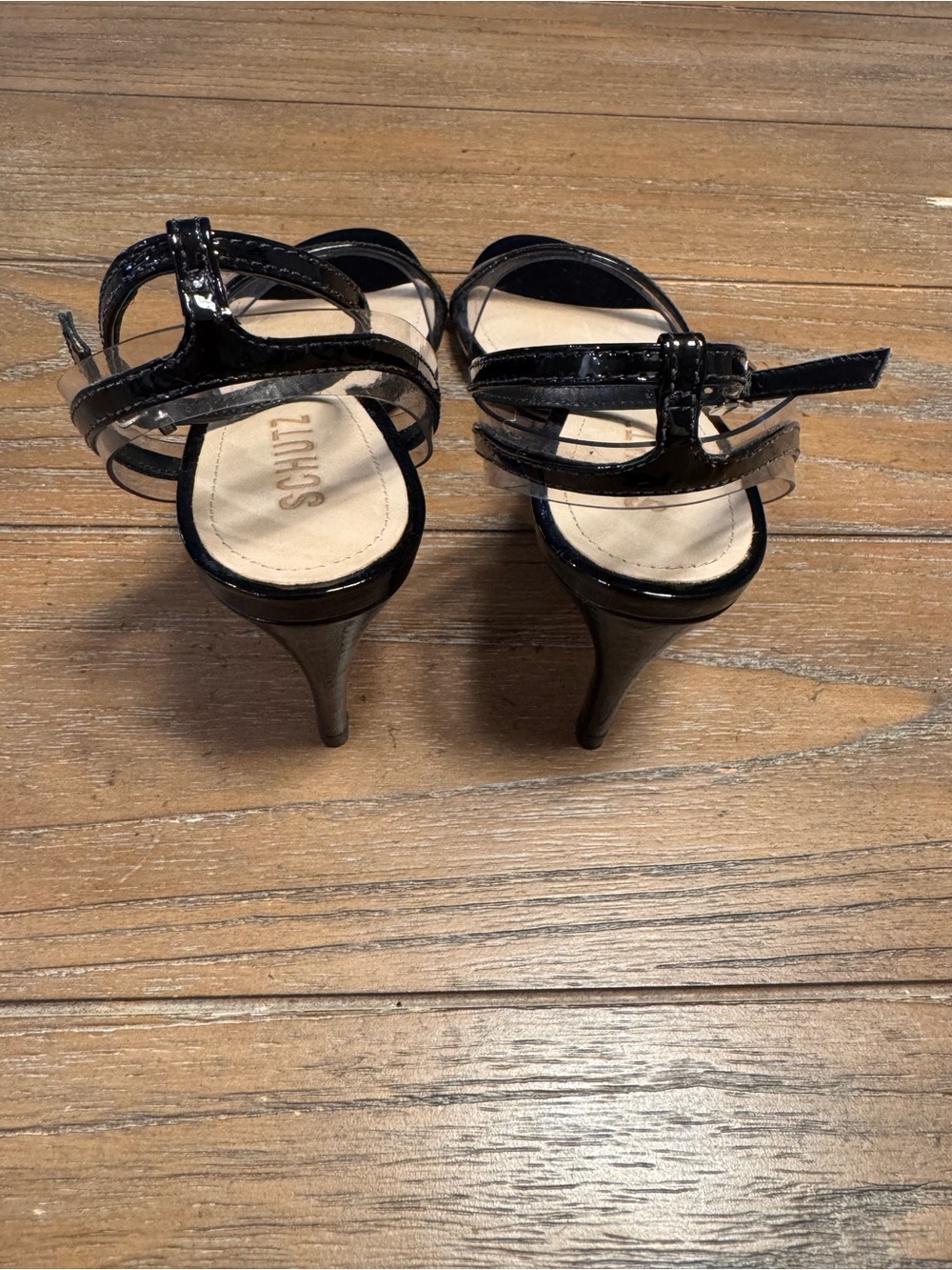 SCHUTZ Black Patent Ankle-Strap Heels with Clear Toe Panel - Picture 4 of 8